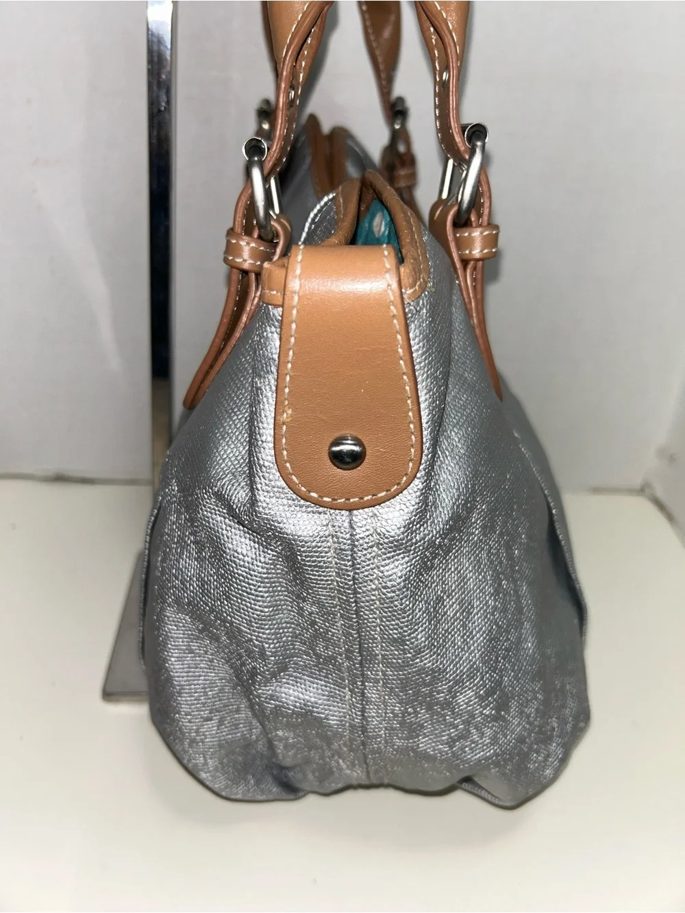 Boden Silver Metallic Coated Corton Tan Leather Tote Shoulder Bag